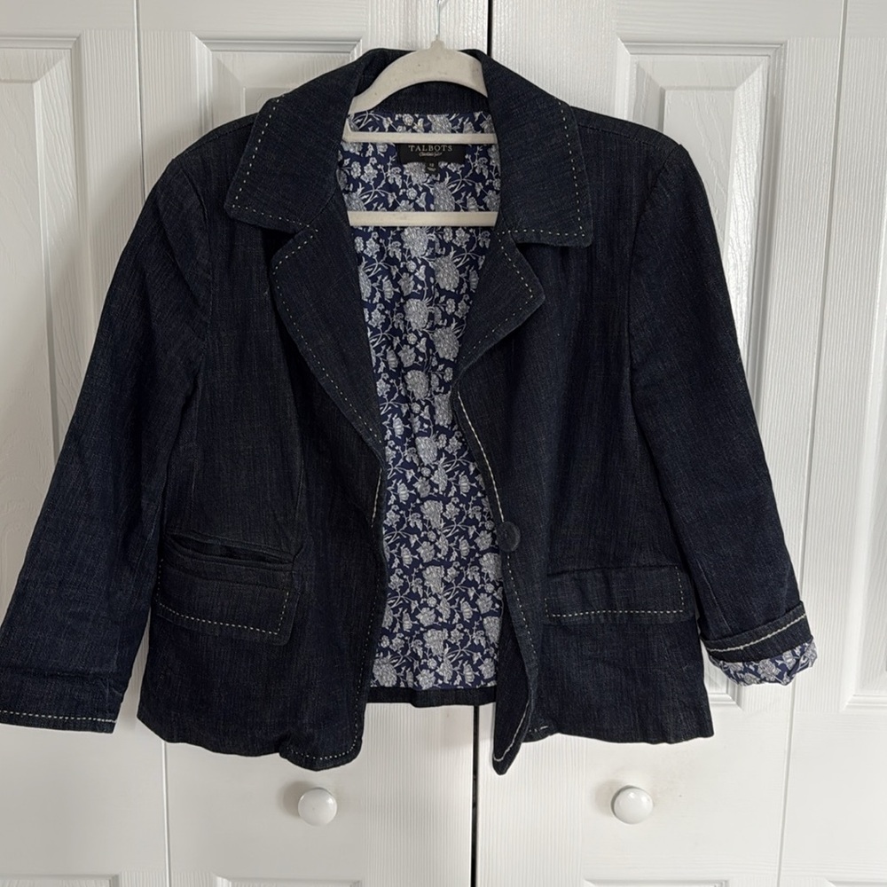 Talbots Dark Wash Denim Blazer Jacket Blue/White Stitching Floral Lining - 12 - Picture 6 of 8